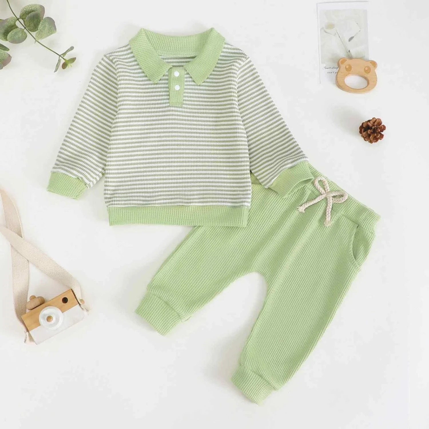 ست لباس دو تکه نوزادی پسرانه شامل بلوز آستین بلند یقه دار و شلوار، مناسب فصل پاییز و زمستان، 0 تا 3 سال