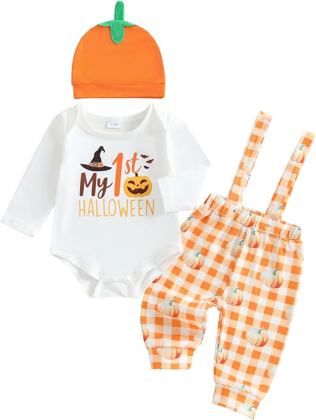 ست لباس هالووین نوزاد پسر شامل رامپر آستین بلند طرح کدو تنبل/جمجمه، شلوار پیشبندی و کلاه، لباس های پاییزی و زمستانی زیبا