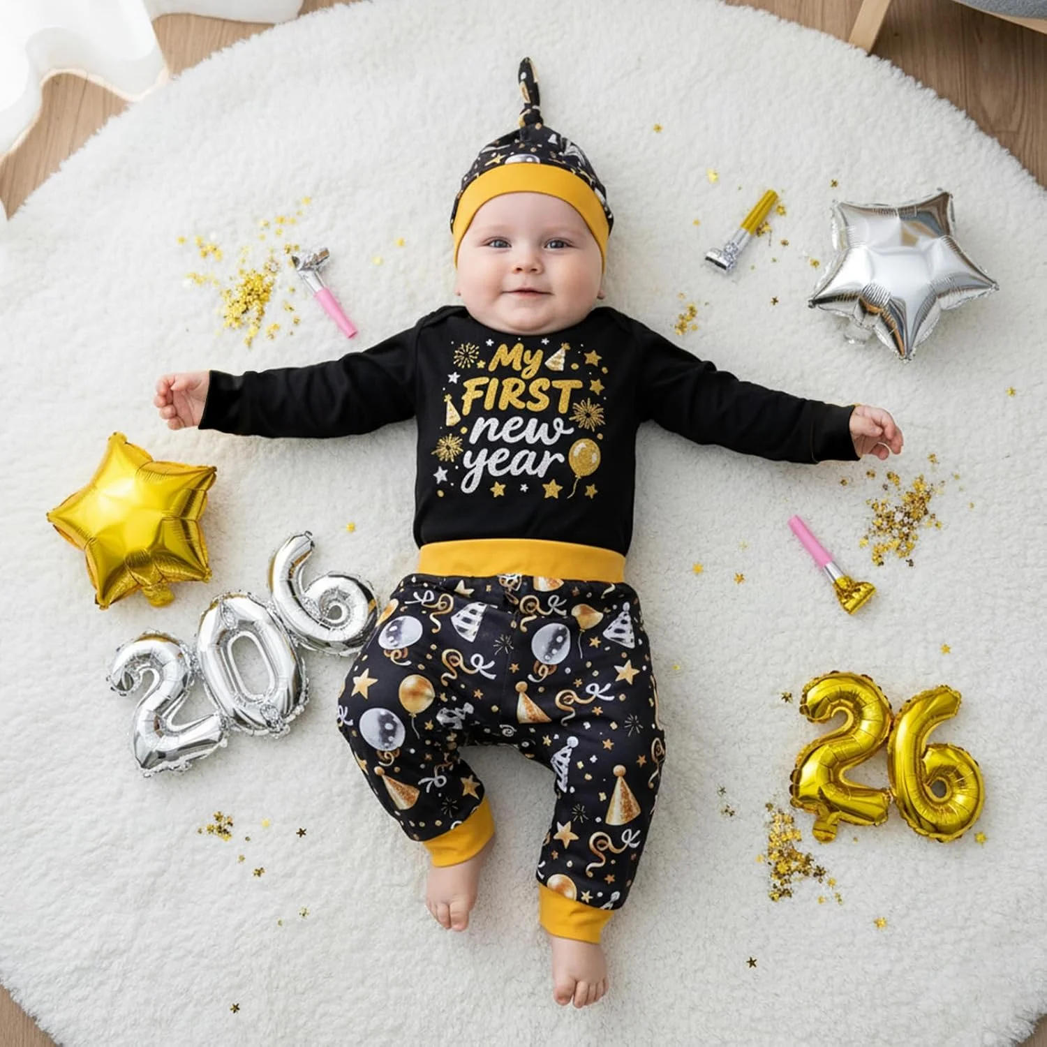 ست لباس سه تکه نوزادی پسرانه طرح سال نو، شامل بلوز آستین بلند با طرح حروف، شلوار بادکنکی و کلاه