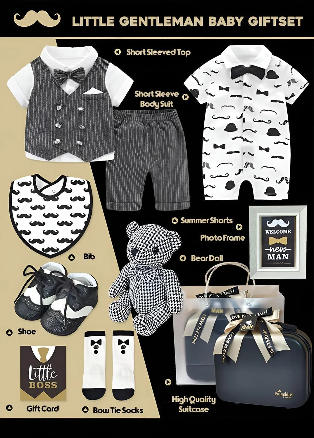 ست هدیه نوزادی پسرانه PUMPKINS – سرهمی، قاب عکس، کفش، عروسک، جوراب، کارت تبریک و چمدان با کیف هدیه مات – ایده آل برای جشن سیسمونی و هدیه نوزادی