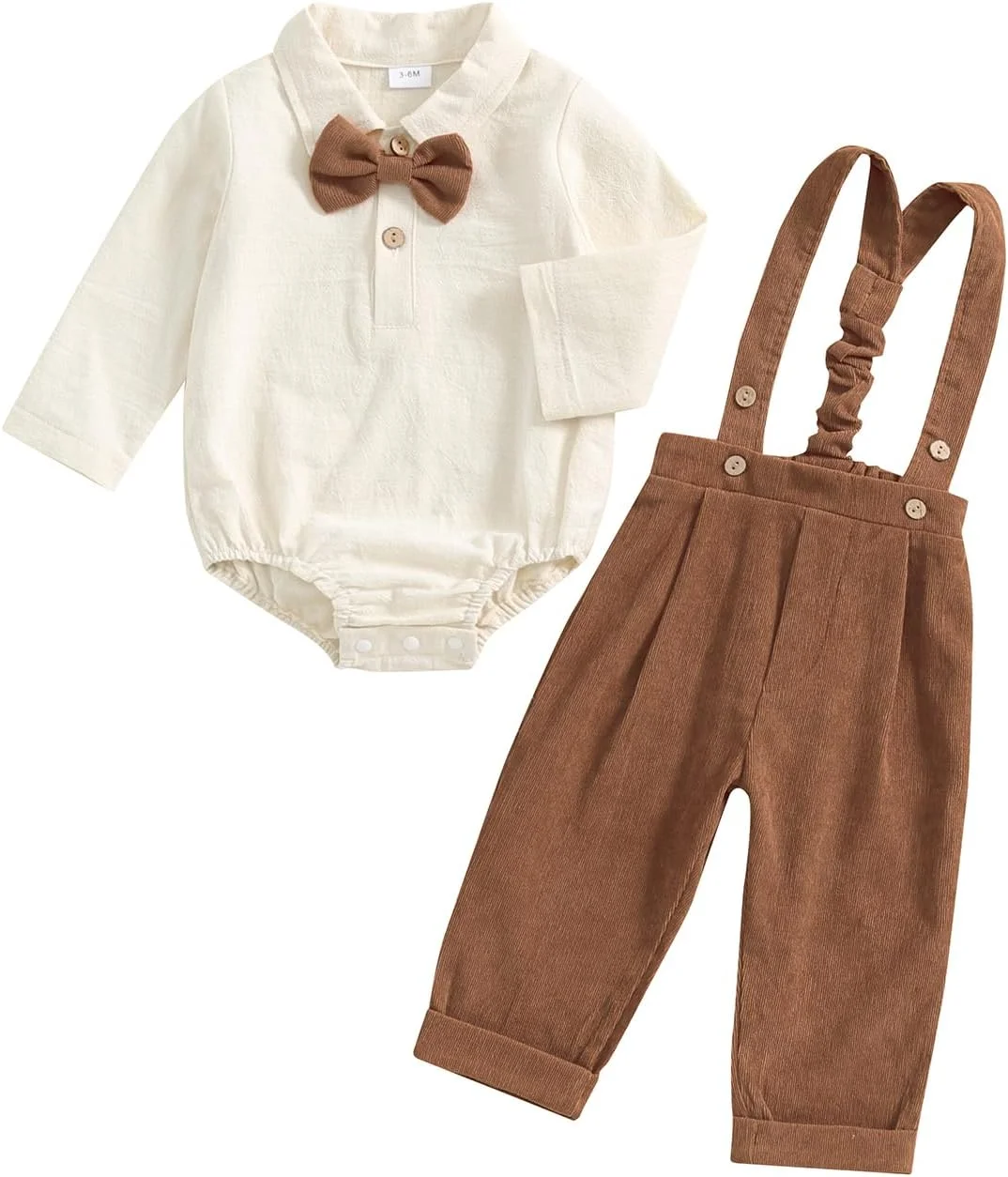 ست لباس جنتلمن نوزادی پسرانه 0-24 ماهه، لباس پاییزی و زمستانی کودک، رامپر آستین بلند یک رنگ با پیراهن پاپیون و شلوار ساس بند دار، ست 2 تکه لباس
