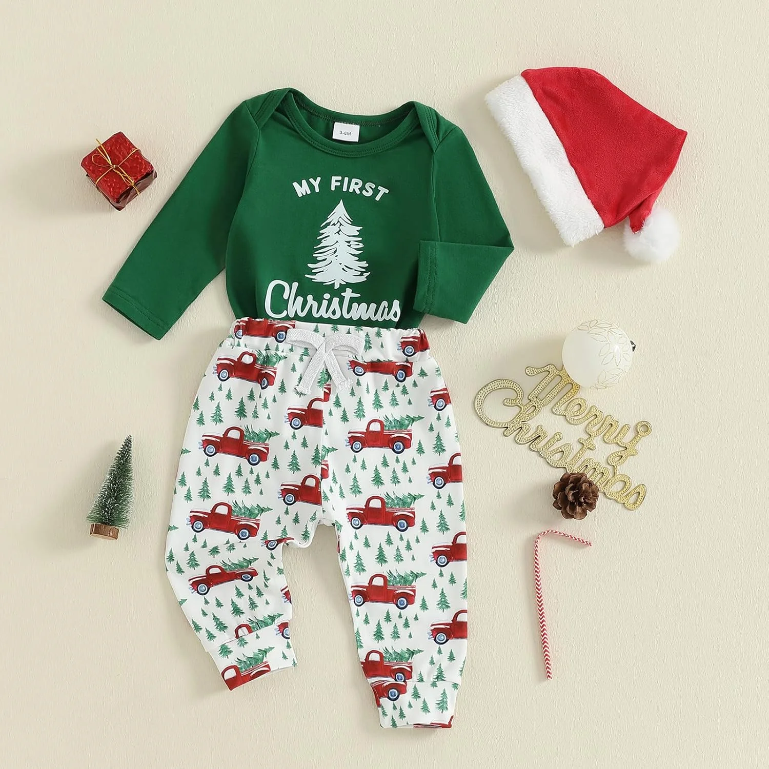ست لباس نوزادی پسرانه برای اولین کریسمس، شامل رامپر آستین بلند، شلوار و کلاه بابانوئل، مناسب فصل زمستان