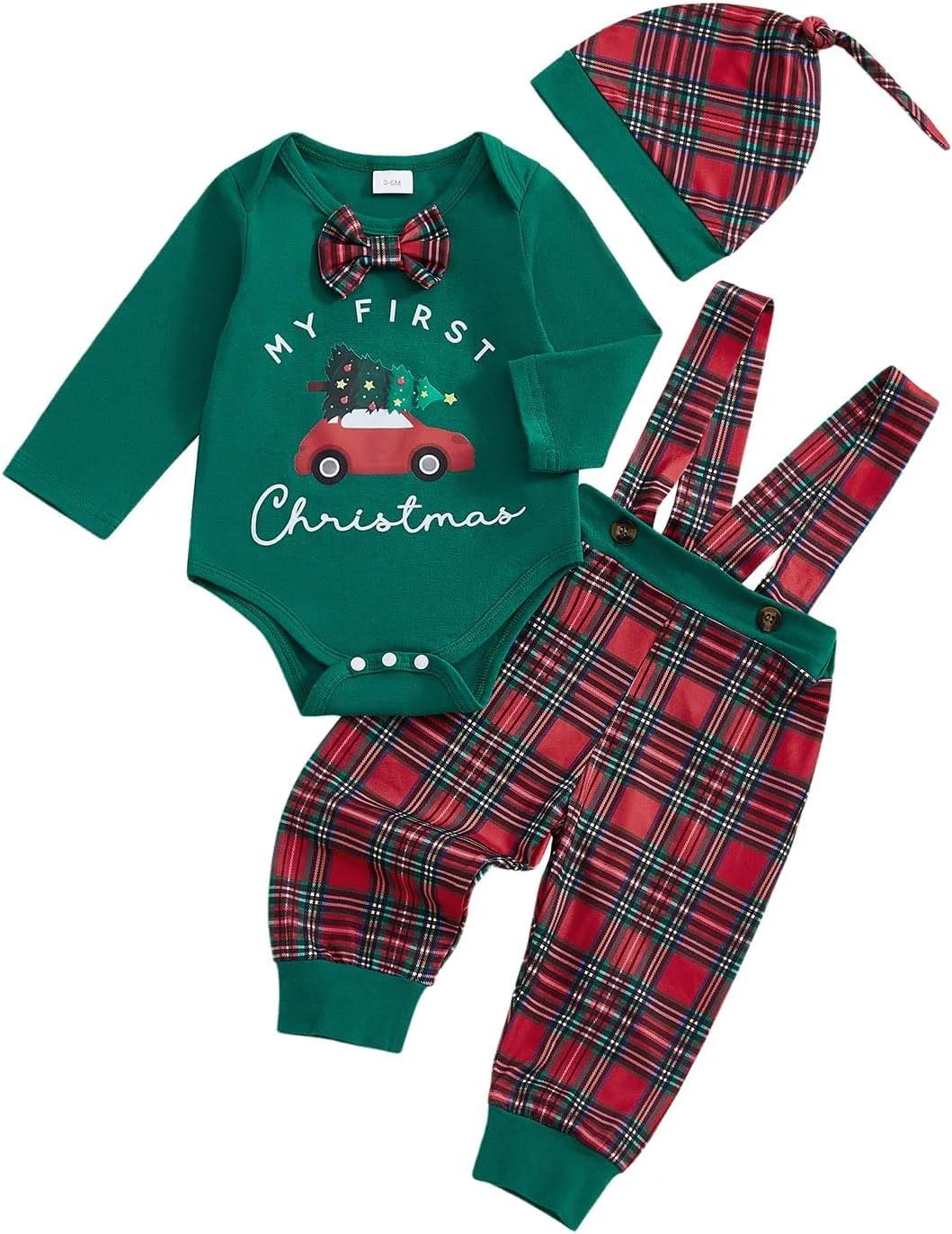 ست لباس نوزادی پسرانه با طرح کریسمس، رامپر طرح کامیون کریسمس و شلوار پیشبندی چهارخانه