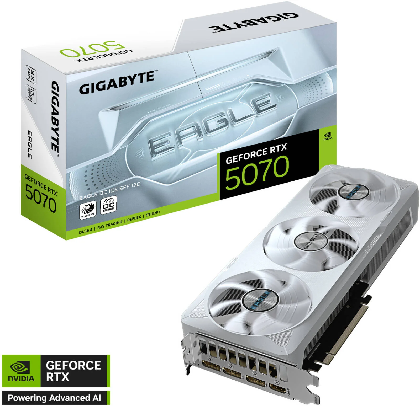 کارت گرافیک گیگابایت GeForce RTX 5070 EAGLE OC ICE SFF، حافظه 12 گیگابایت GDDR7 192 بیتی، فرکانس هسته 2587 مگاهرتز، 6144 هسته CUDA، سرعت حافظه 28 گیگابیت بر ثانیه، PCI-Express 5.0 | GV-N5070EAGLEOC ICE-12GD