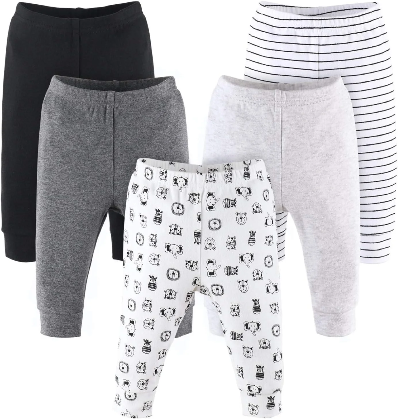 ست شلوار نوزادی Peanutshell برای پسران یا دختران - مشکی، خاکستری و حیوانات سافاری - بسته 5 عددی، سایز نوزادی تا 24 ماهگی