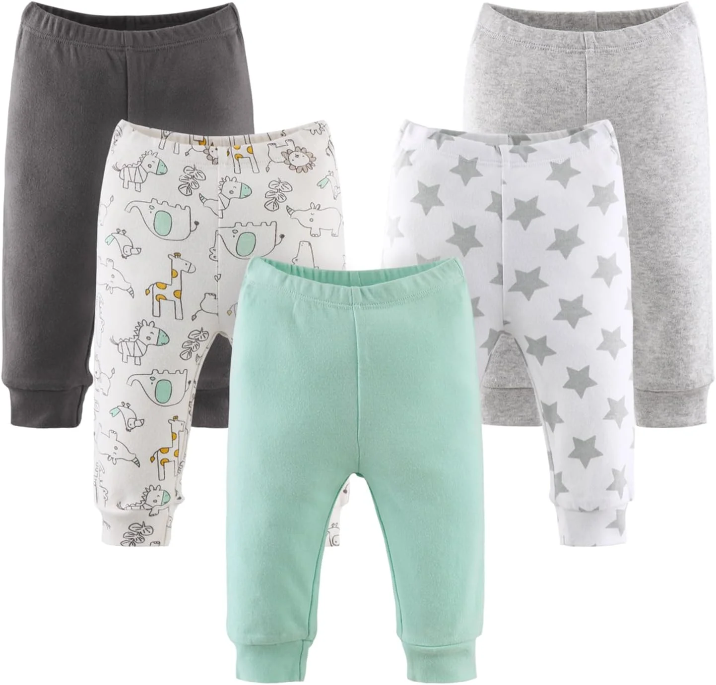 ست 5 تایی شلوار نوزادی Peanutshell برای دختران و پسران | سایز نوزادی تا 24 ماهگی | مشکی، خاکستری، سبز روشن، سافاری، ستاره