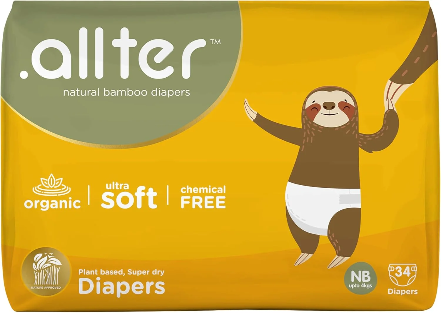 پوشک بچه بامبو ارگانیک .allter | بسته 34 عددی، سایز NB (تا 4 کیلوگرم) | ضد حساسیت، فوق العاده خشک، جذب سریع، مدل چسبی، فوق العاده نرم