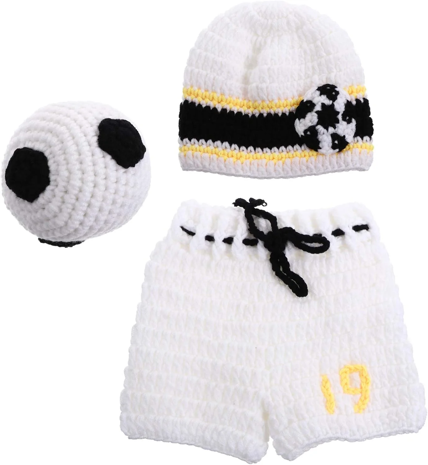NUOBESTY 3 تکه لباس قلاب بافی نوزادی با طرح توپ فوتبال، شامل کلاه، شلوار و سرهمی، مناسب برای جشن سیسمونی و مهمانی با تم ورزشی، سفید