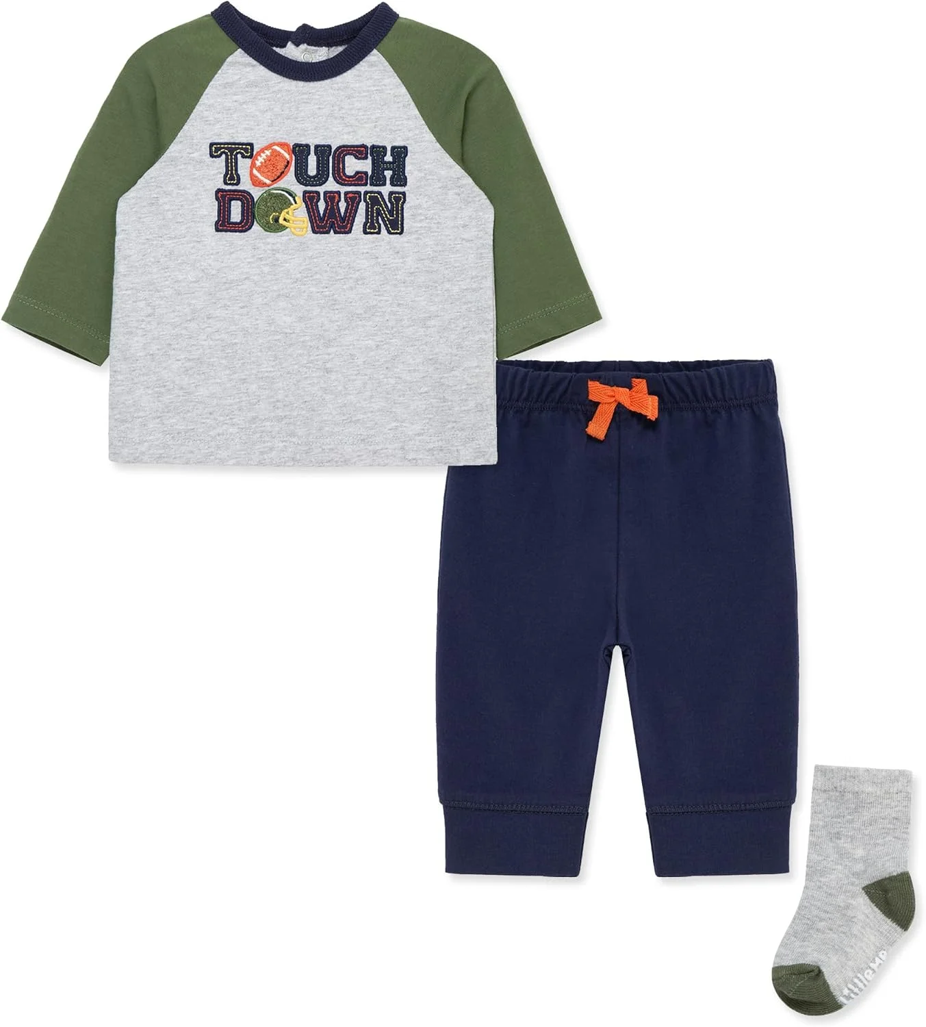 ست سه تکه لباس راحتی پسرانه Little Me، شامل تیشرت یقه گرد، شلوار راه راه و جوراب ست، مناسب برای 3 تا 24 ماه