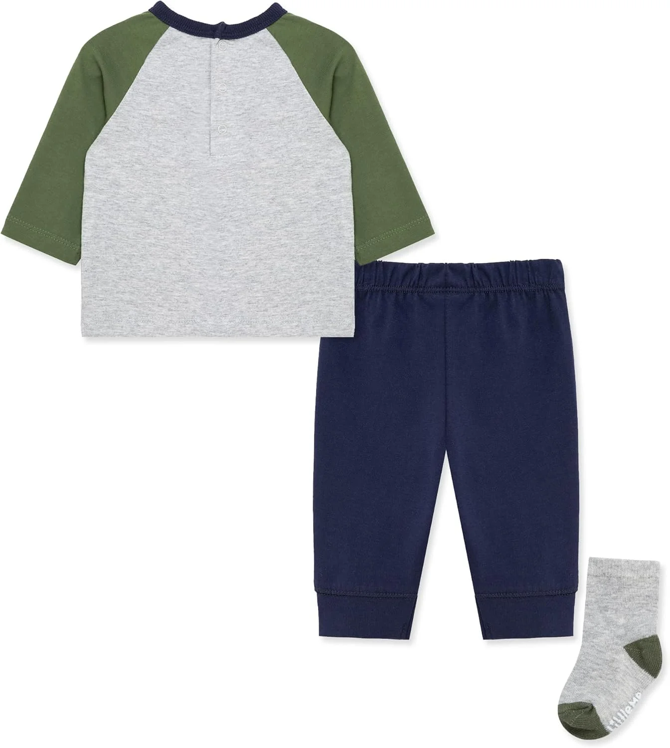 ست سه تکه لباس راحتی پسرانه Little Me، شامل تیشرت یقه گرد، شلوار راه راه و جوراب ست، مناسب برای 3 تا 24 ماه