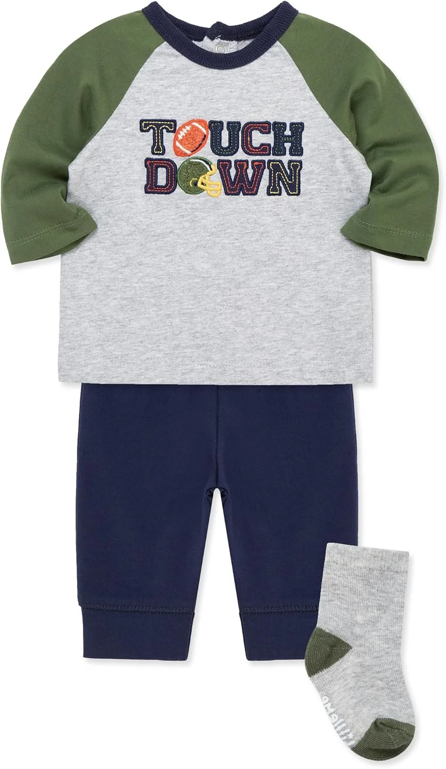 ست سه تکه لباس راحتی پسرانه Little Me، شامل تیشرت یقه گرد، شلوار راه راه و جوراب ست، مناسب برای 3 تا 24 ماه