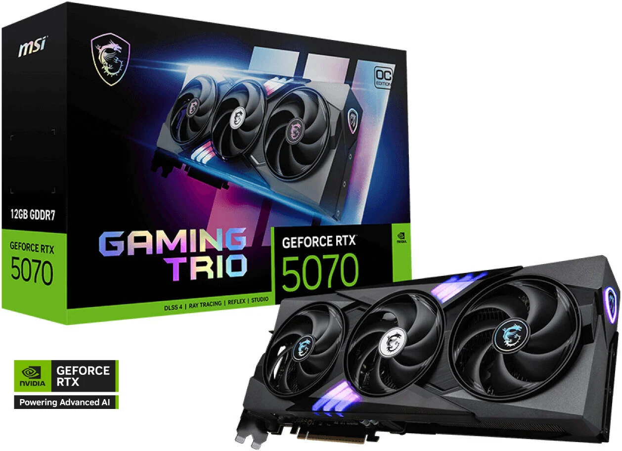 کارت گرافیک MSI GeForce RTX 5070 Gaming Trio OC، حافظه 12 گیگابایتی GDDR7 192 بیتی، فرکانس بوست 2610 مگاهرتز، 6144 هسته CUDA، سرعت حافظه 28 گیگابیت بر ثانیه، PCI Express Gen 5 | 912-V532-019