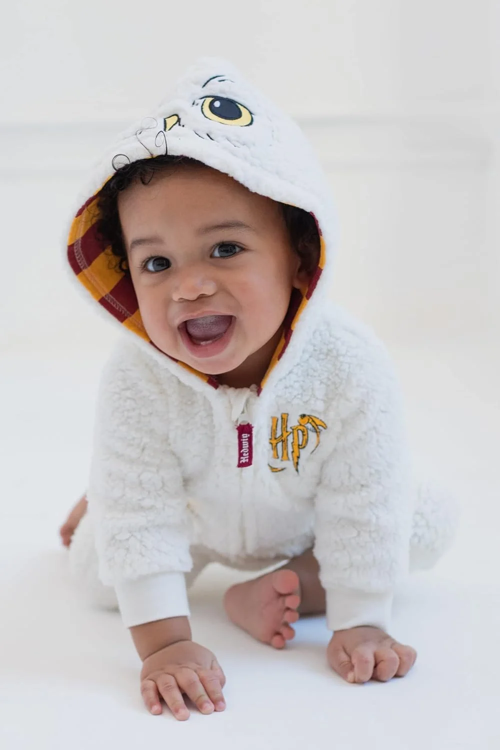 لباس سرهمی زیپ دار نوزادی طرح جغد هدویک هری پاتر، سفید، سایز 6-9 ماه