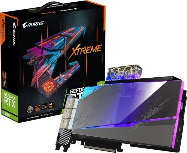 کارت گرافیک گیگابایت Aorus GeForce RTX 3080 Xtreme Waterforce WB-10G، رزولوشن 7680 x 4320، 60 هرتز، سیستم خنک کننده بلوک آبی، حافظه 10 گیگابایتی 320 بیتی GDDR6X، کارت ویدیو | GV-N3080AORUSX WB-10GD