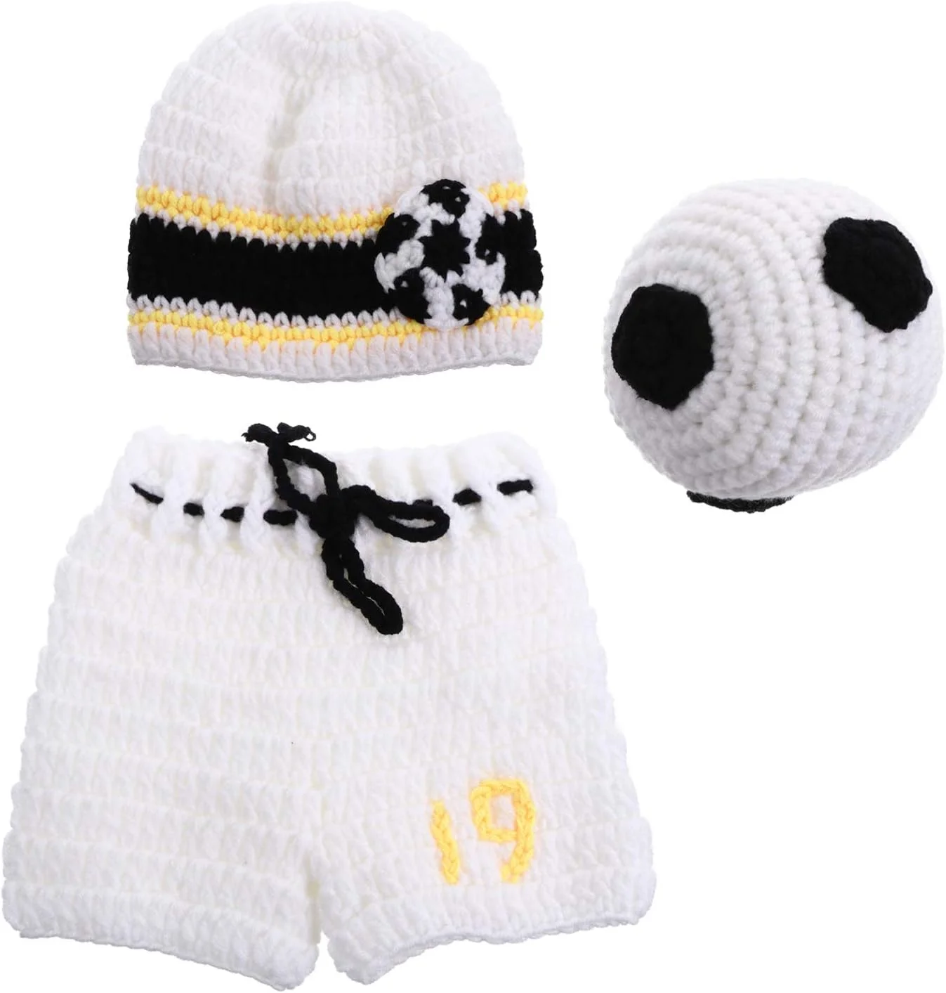 ست لباس بافتنی نوزادی با طرح توپ فوتبال، شامل شلوار، کلاه و توپ - مناسب برای عکاسی و هدیه سیسمونی - سفید - 3 تکه