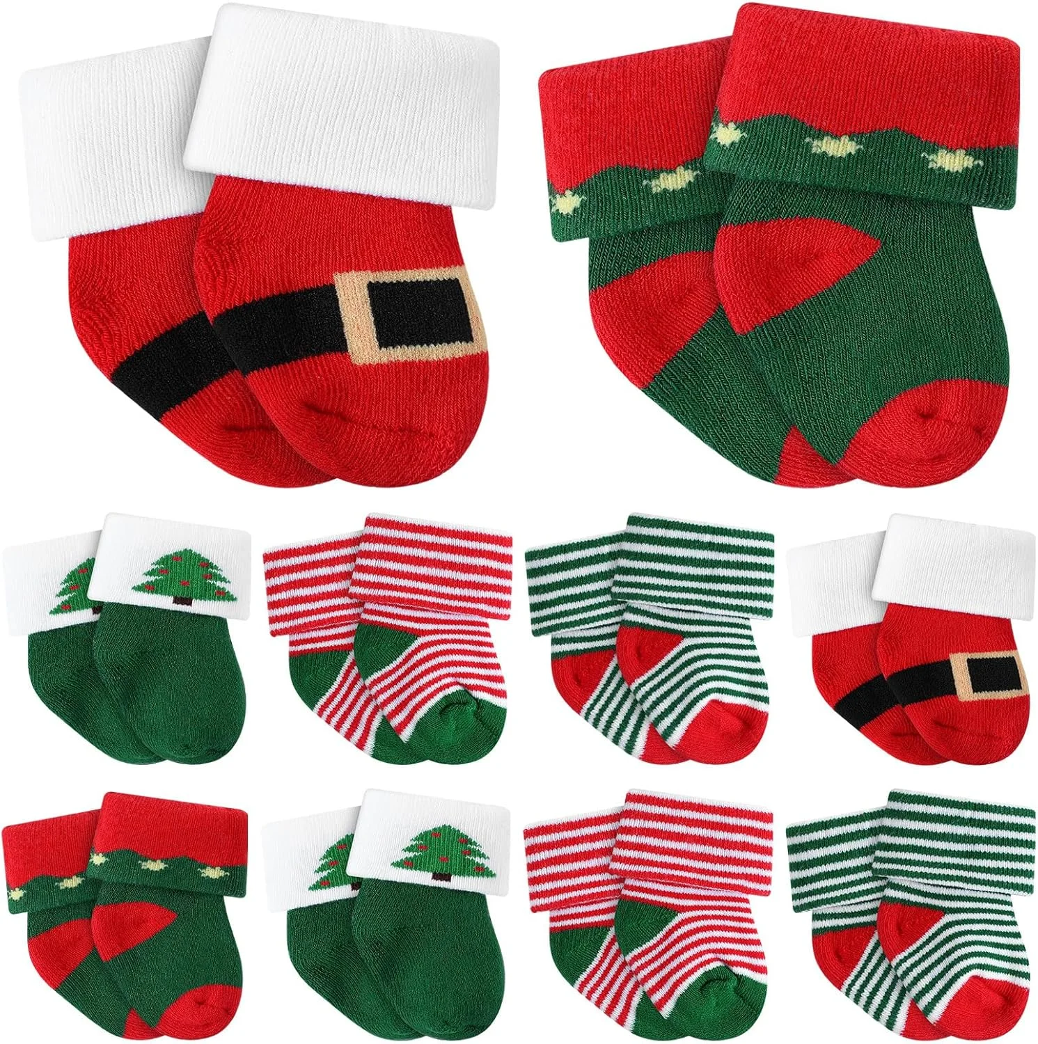 10 جفت جوراب نوزادی پنبه ای با لبه برگردان برای نوزادان دختر و پسر - رنگ کریسمس، مناسب نوزادان نارس