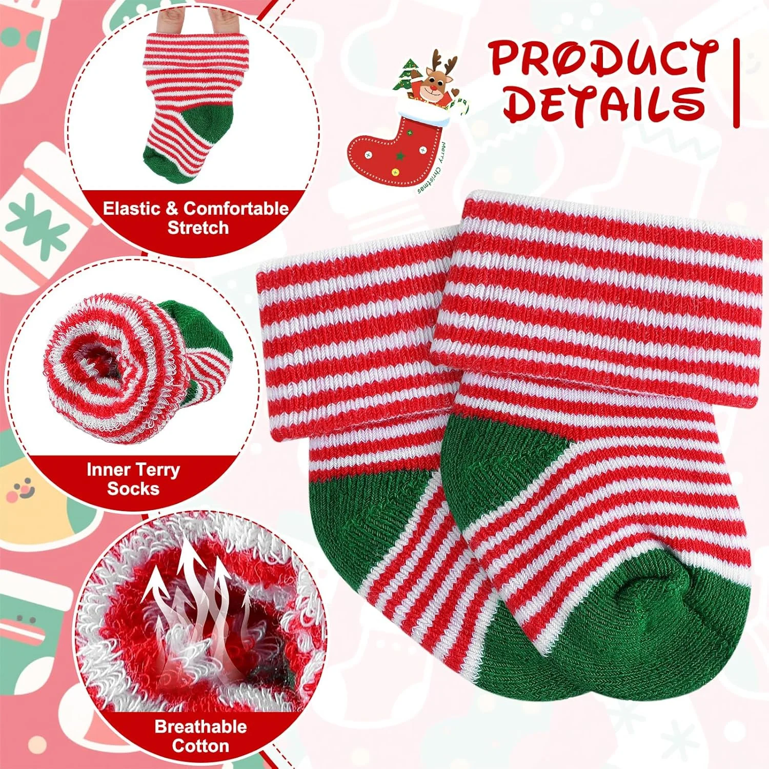 10 جفت جوراب نوزادی پنبه ای با لبه برگردان برای نوزادان دختر و پسر - رنگ کریسمس، مناسب نوزادان نارس