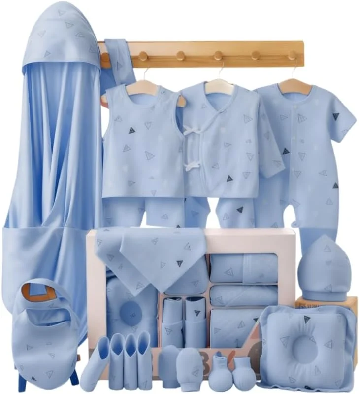 ست لباس تابستانی نوزادی 21 تکه - ست هدیه لباس نوزاد نرم و پنبه‌ای 100% با رامپر، پتو، کلاه، جوراب و موارد دیگر، لوازم ضروری نوزاد با خاصیت ضد باکتری و کشسانی برای نوزادان 0-6 ماهه پسر و دختر