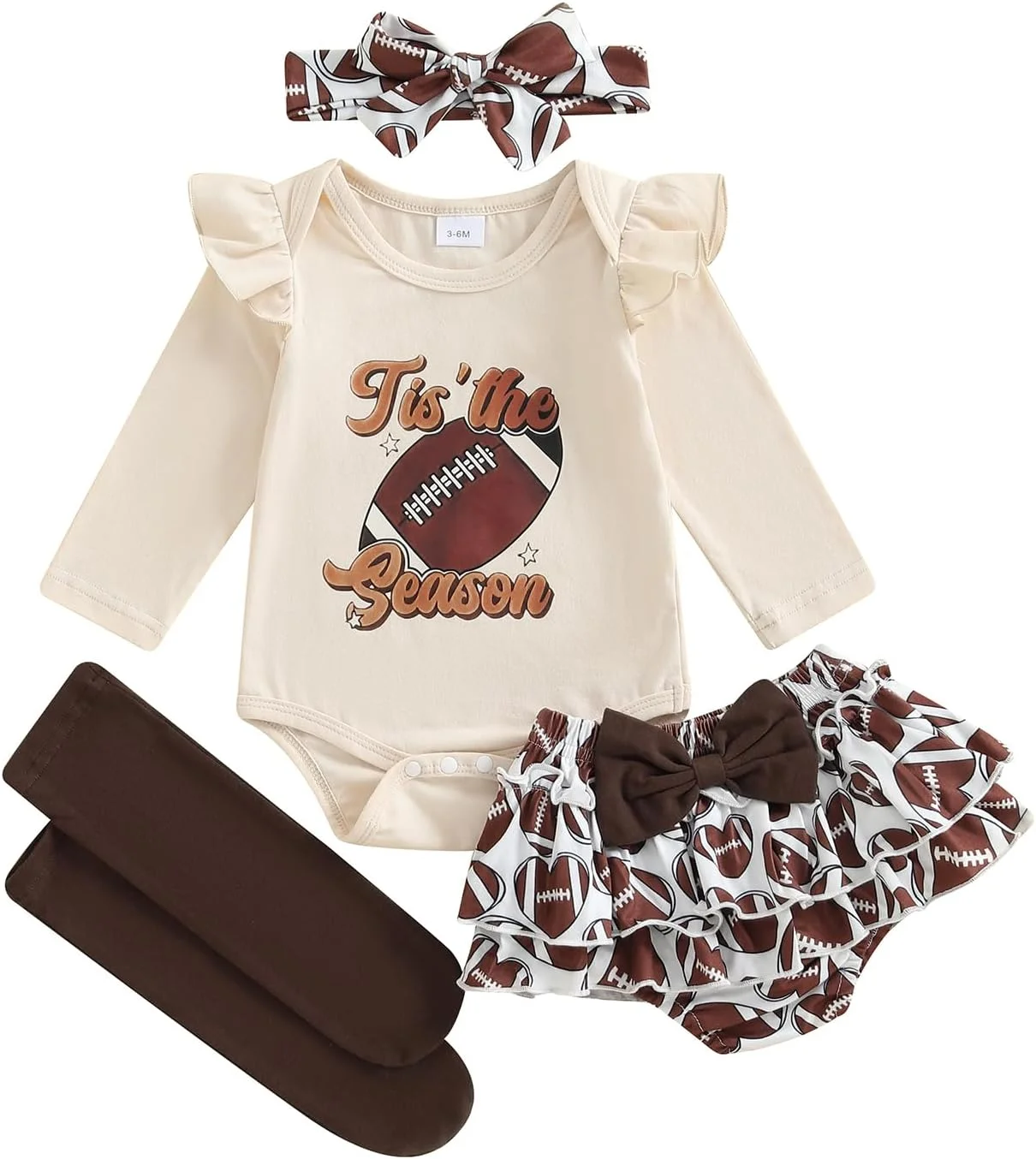 لباس نوزاد دخترانه فوتبالی، سرهمی آستین بلند با چاپ حروف، شورت چین دار، هدبند و جوراب ساق بلند، ست 4 تکه لباس روز بازی