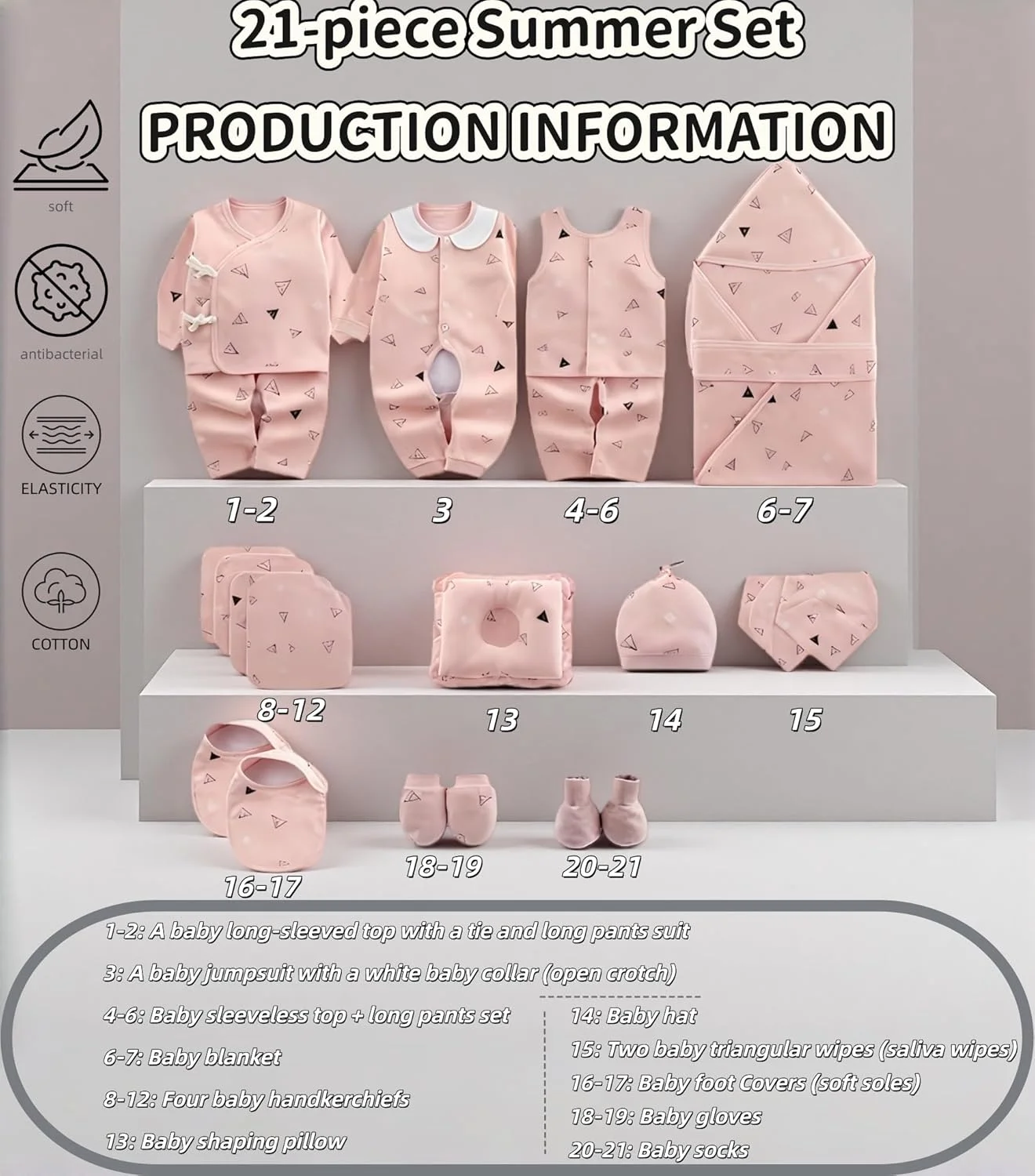ست لباس نوزادی تابستانی 21 تکه - ست هدیه لباس نوزاد نرم 100% پنبه ای شامل رامپر، پتو، کلاه، جوراب و موارد دیگر، وسایل ضروری کودک با خاصیت ضد باکتری و کشسانی برای نوزادان 0-6 ماهه دختر و پسر