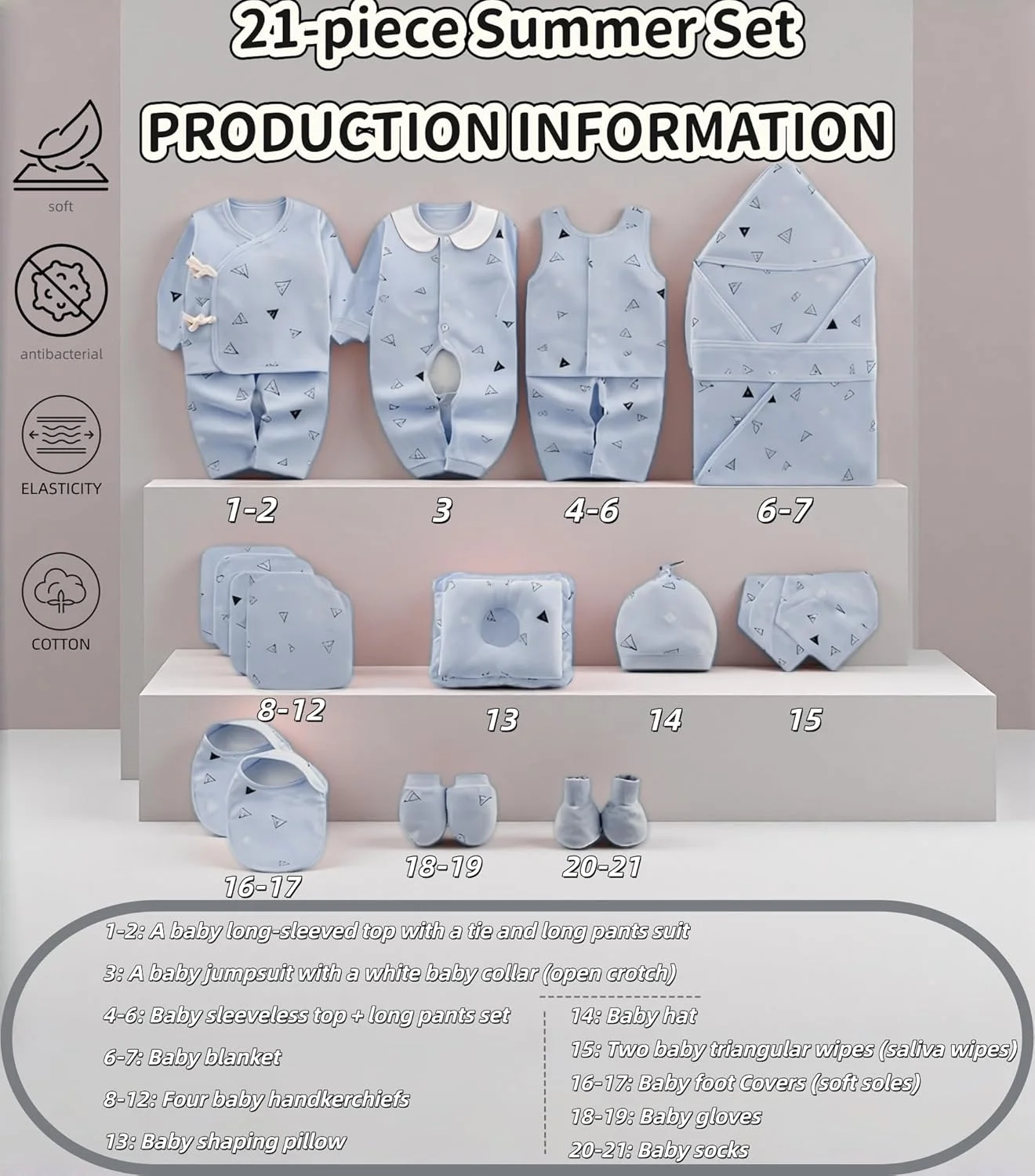 ست لباس تابستانی نوزادی 21 تکه - ست هدیه لباس نوزاد نرم و پنبه‌ای 100% با رامپر، پتو، کلاه، جوراب و موارد دیگر، لوازم ضروری نوزاد با خاصیت ضد باکتری و کشسانی برای نوزادان 0-6 ماهه پسر و دختر
