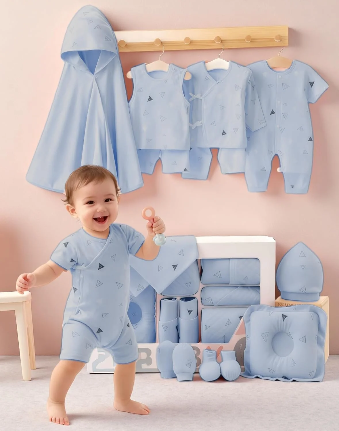 ست لباس تابستانی نوزادی 21 تکه - ست هدیه لباس نوزاد نرم و پنبه‌ای 100% با رامپر، پتو، کلاه، جوراب و موارد دیگر، لوازم ضروری نوزاد با خاصیت ضد باکتری و کشسانی برای نوزادان 0-6 ماهه پسر و دختر