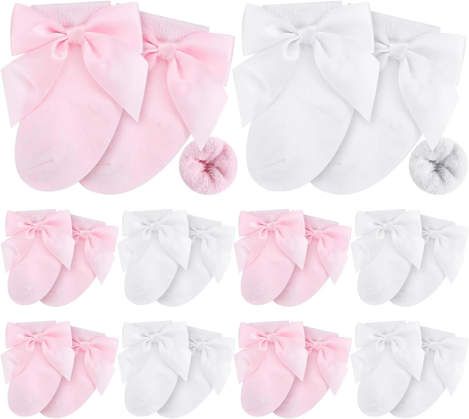 ۱۰ جفت جوراب نوزادی تری کتان لبه برگردان برای نوزادان دختر و پسر - مناسب بخش مراقبت های ویژه نوزادان، سفید و صورتی ساده، نارس