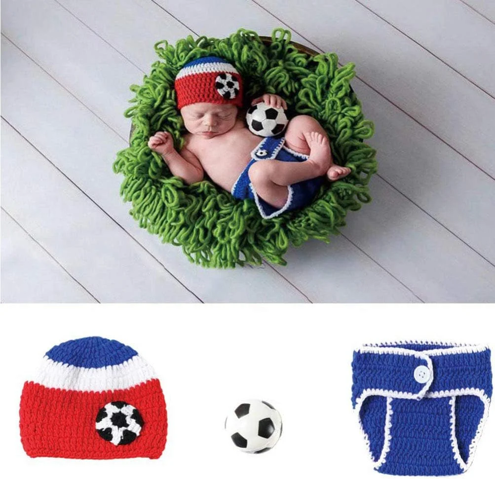 Toyvian ست لباس نوزادی، ست حمام نوزاد، 1 ست با تم فوتبال، لوازم جانبی عکاسی نوزاد، لباس کارتونی با کلاه، شلوار و جوراب، لباس نوزادی