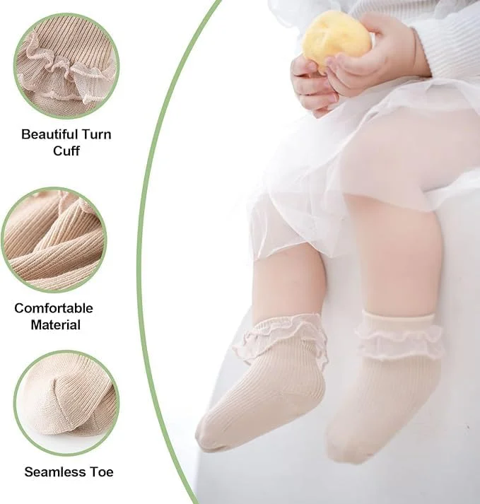 نیم‌ساق توری چین‌دار دخترانه NimbusNote، جوراب مچی پنبه‌ای لبه‌برگردان برای نوزاد 6 تا 12 ماهه، جوراب‌های پرنسسی نرم و توری‌دار برای استفاده روزمره، عروسی، مهمانی (5 جفت)