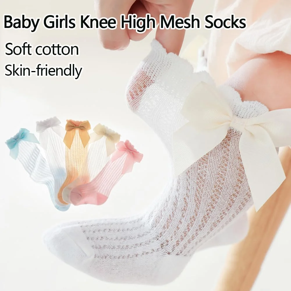 جوراب ساق بلند توری دخترانه Goodern، نرم و تنفسی، مناسب نوزادان و کودکان نوپا، جوراب های توری پاپیونی، جوراب های بلند توری پاپیونی، جوراب های نخی یکدست - 0-1 سال