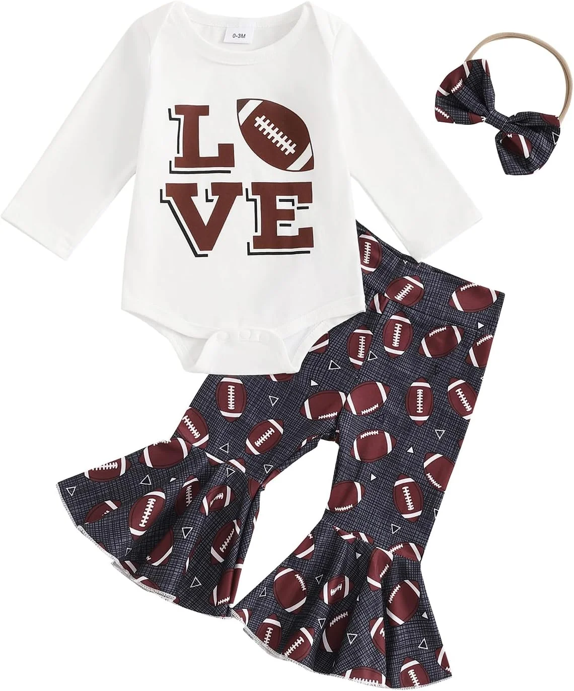 لباس نوزاد دخترانه 0-18 ماهه، سرهمی آستین بلند با طرح حروف و شلوار دمپا گشاد طرح توپ به همراه هدبند