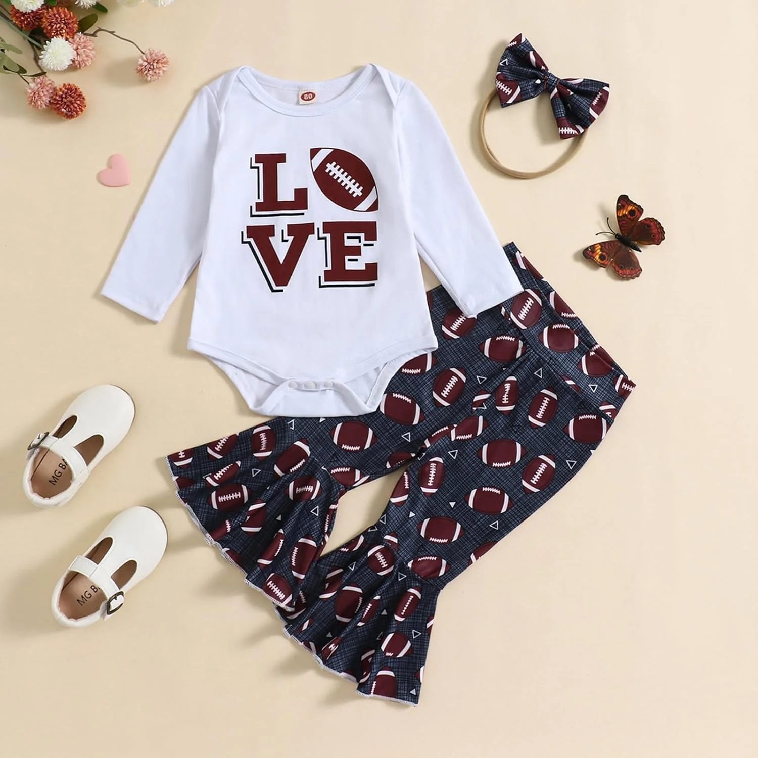 لباس نوزاد دخترانه 0-18 ماهه، سرهمی آستین بلند با طرح حروف و شلوار دمپا گشاد طرح توپ به همراه هدبند