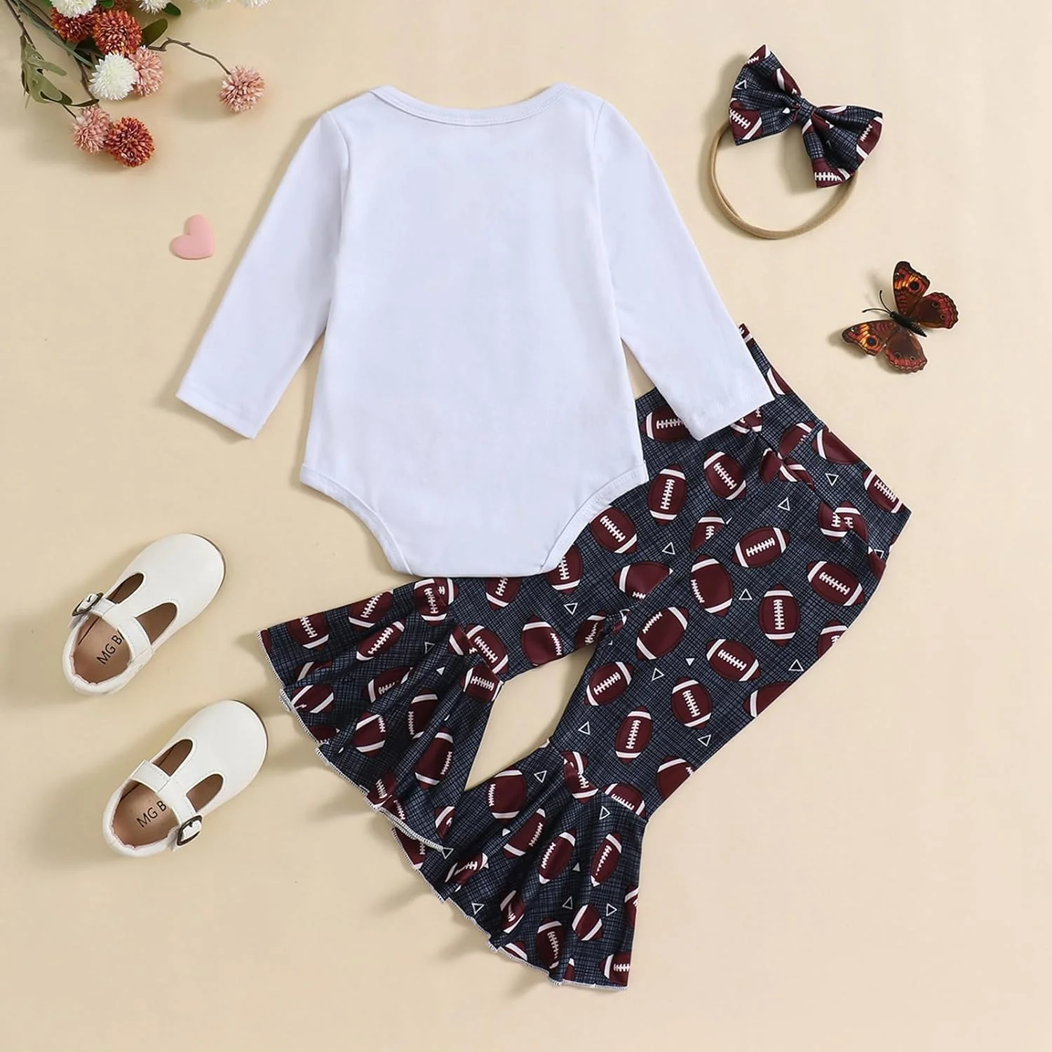 لباس نوزاد دخترانه 0-18 ماهه، سرهمی آستین بلند با طرح حروف و شلوار دمپا گشاد طرح توپ به همراه هدبند