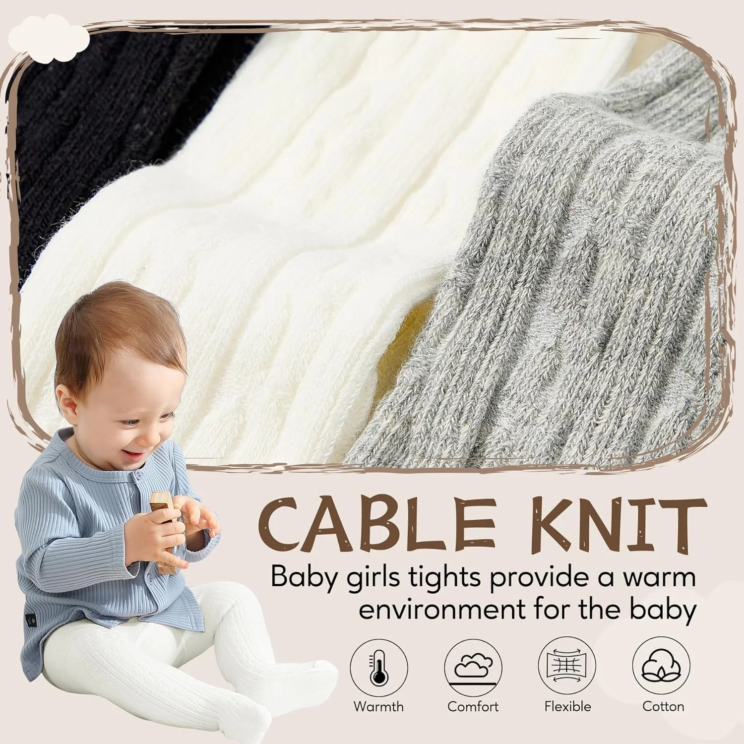 جوراب شلواری بافتنی نوزادی دخترانه Zando، 3 عددی، جوراب ساق بلند زمستانی گرم و نخی، جوراب شلواری ضخیم 0 تا 4 سال