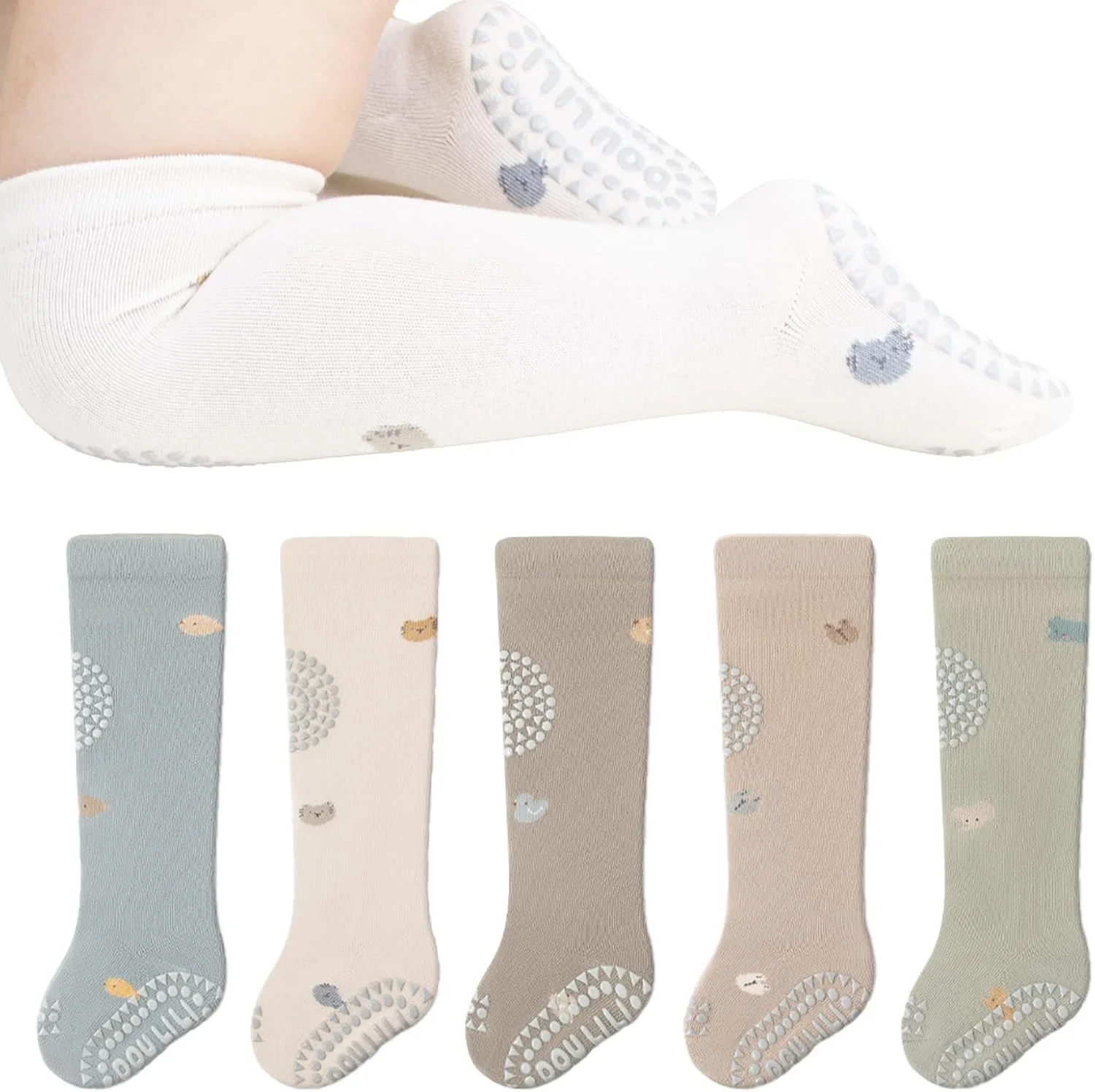 جوراب ساق بلند بچگانه ضد لغزش، مناسب برای دختران و پسران، جوراب نوزادی برای خزیدن روی زمین، 5 جفت