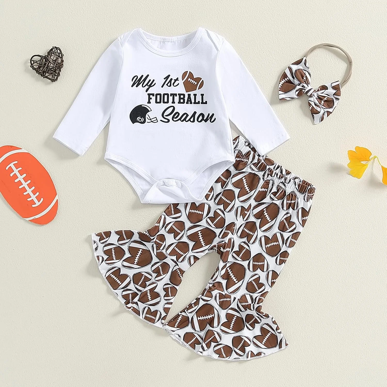 لباس نوزادی دخترانه ZyHwShine، رامپر آستین بلند فصل اول به همراه شلوار دمپا گشاد و هدبند پاپیونی، لباس پاییزی زیبا