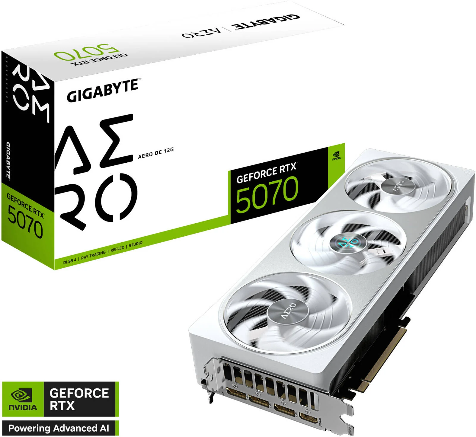 کارت گرافیک GIGABYTE GeForce RTX 5070 AERO OC، حافظه 12 گیگابایتی GDDR7 192 بیتی، فرکانس هسته 2625 مگاهرتز، 6144 هسته CUDA، فرکانس حافظه 28 گیگابیت بر ثانیه، PCI-Express 5.0، سفید | GV-N5070AERO OC-12GD