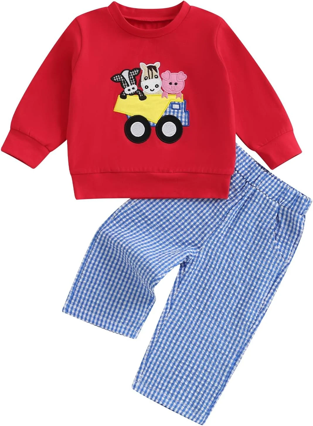 ست لباس پاییزی پسرانه شامل سویشرت و شلوار طرح چهارخانه، مناسب نوزاد و کودک