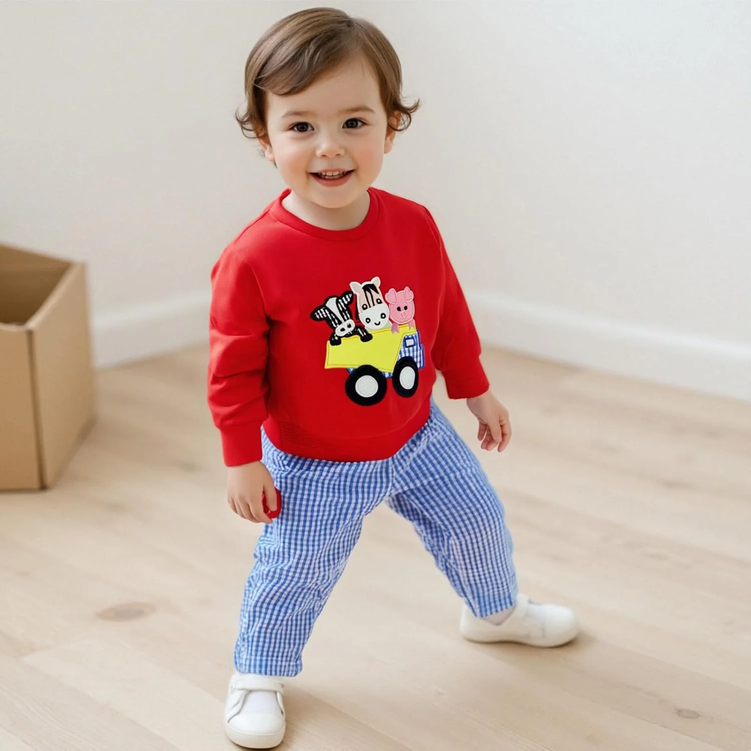 ست لباس پاییزی پسرانه شامل سویشرت و شلوار طرح چهارخانه، مناسب نوزاد و کودک