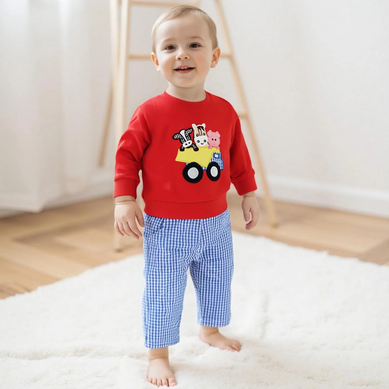 ست لباس پاییزی پسرانه شامل سویشرت و شلوار طرح چهارخانه، مناسب نوزاد و کودک