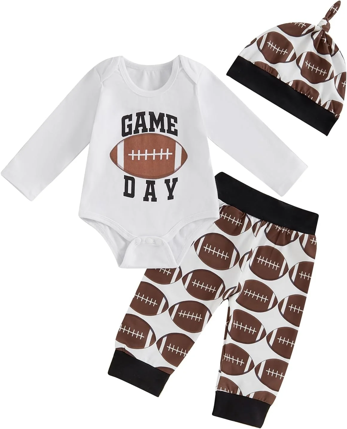 ست لباس پاییزی نوزاد پسر، آستین بلند، یقه گرد، چاپ حروف، رامپر، شلوار ورزشی با طرح توپ فوتبال، کلاه، 3 تکه لباس زیبا