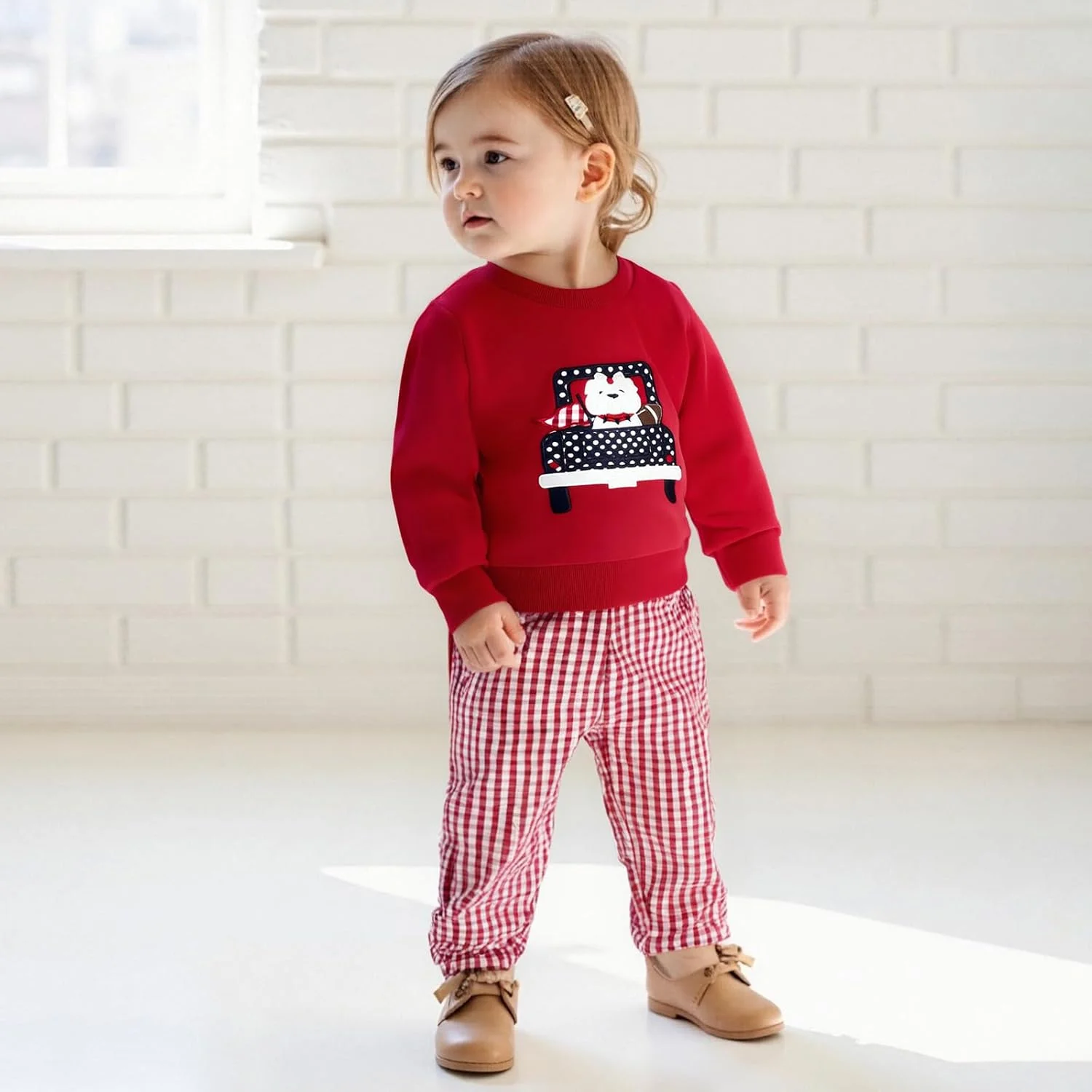 ست لباس پسرانه بچه گانه طرح کامیون و قلب، بلوز و شلوار چهارخانه