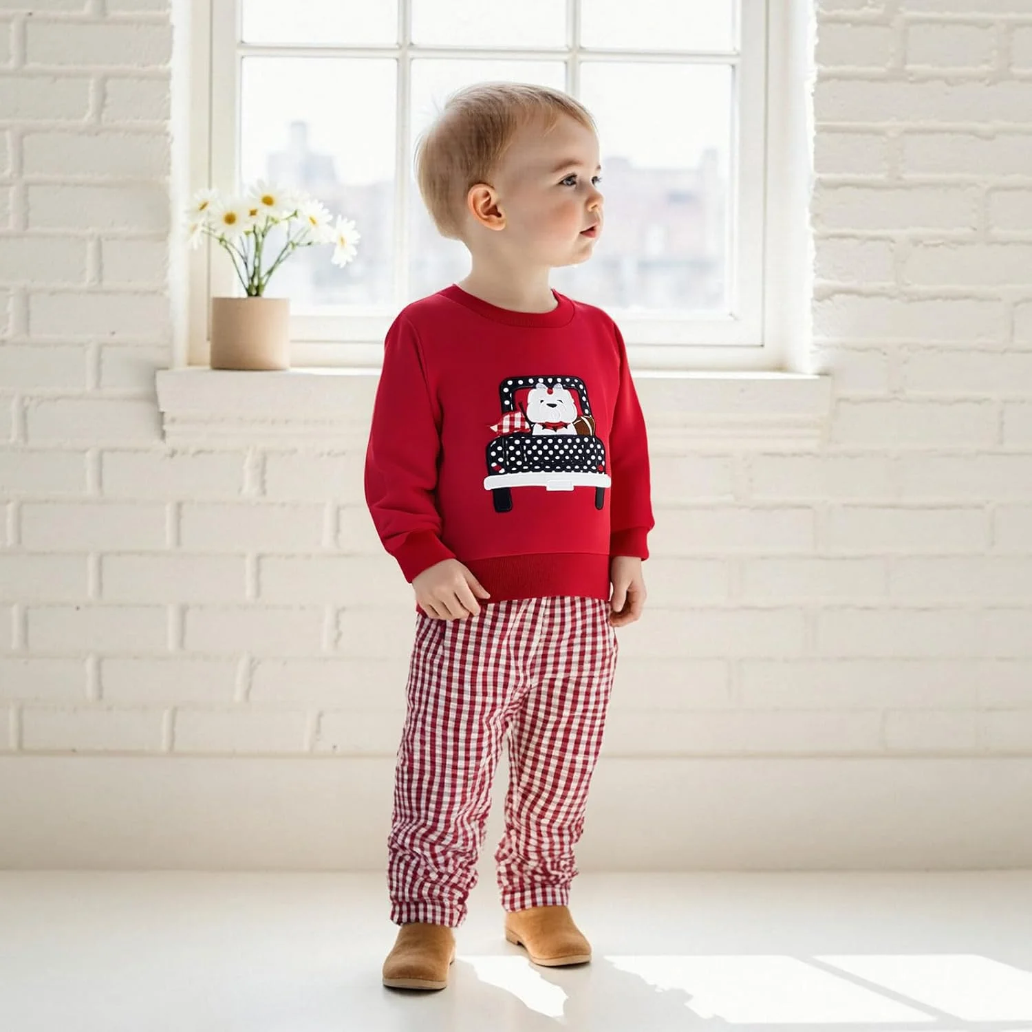 ست لباس پسرانه بچه گانه طرح کامیون و قلب، بلوز و شلوار چهارخانه