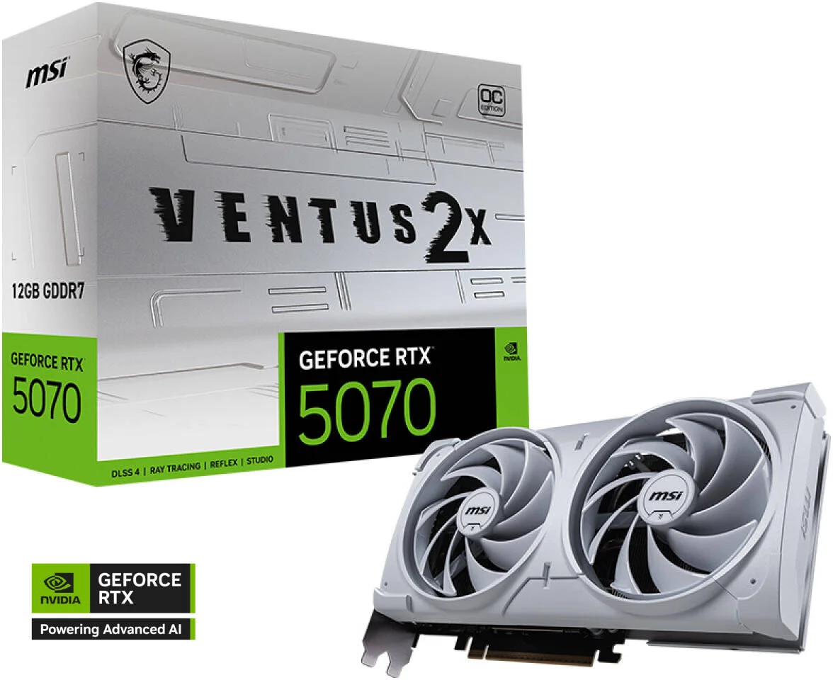 کارت گرافیک MSI GeForce RTX 5070 VENTUS 2X OC Edition، حافظه 12 گیگابایت GDDR7 192-Bit، فرکانس افزایشی 2542 مگاهرتز، 6144 هسته CUDA، سرعت حافظه 28 گیگابیت بر ثانیه، PCI Express Gen 5، سفید | 912-V532-010