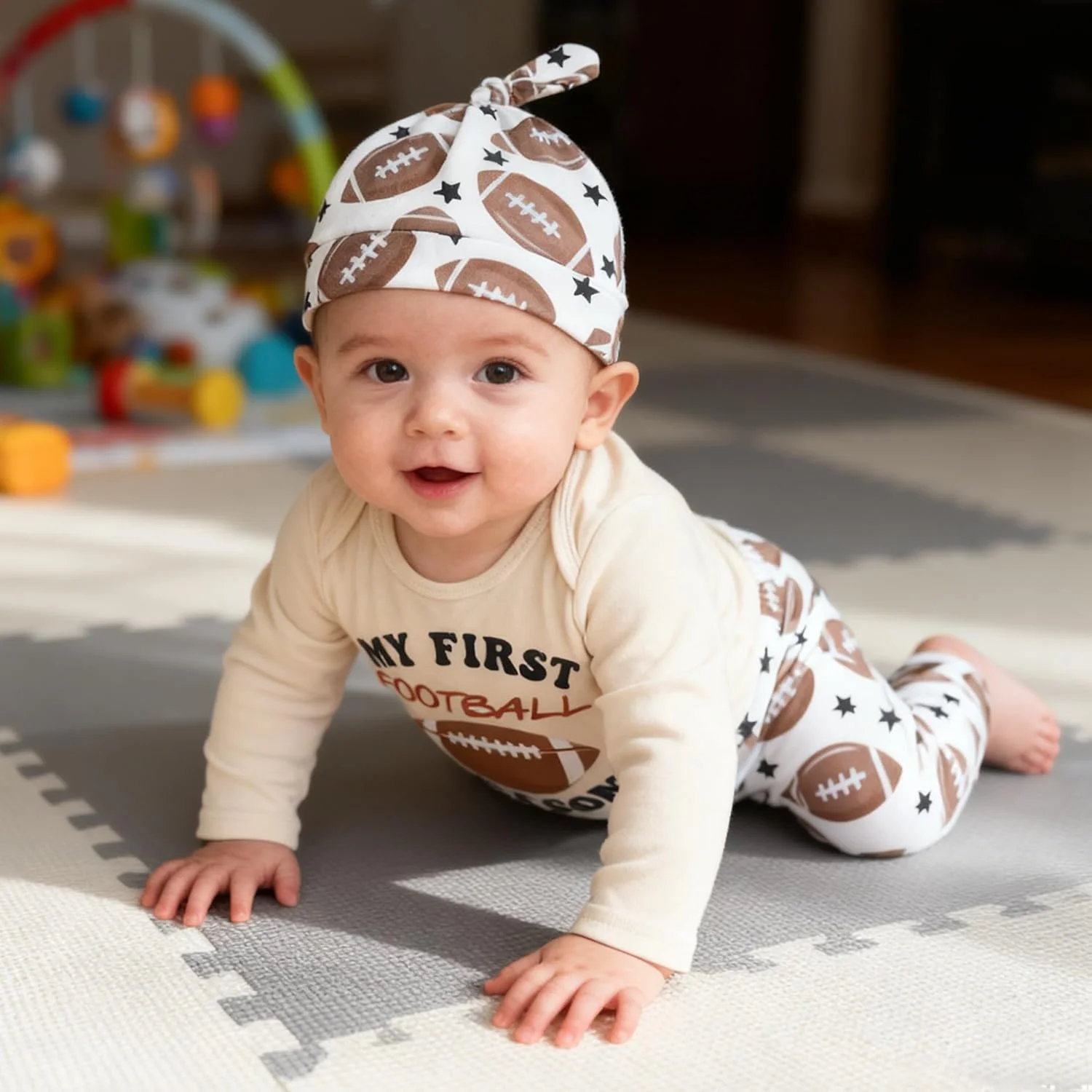 ست لباس پسرانه نوزادی با طرح راگبی، شامل سرهمی آستین بلند، شلوار و کلاه - 3 تکه مناسب فصل پاییز و زمستان