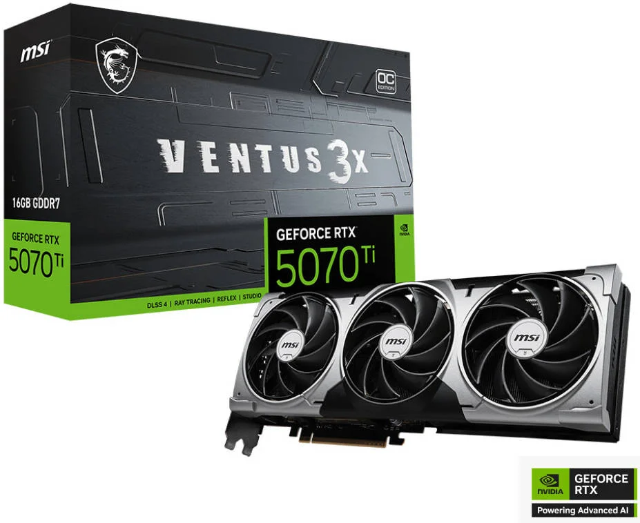 کارت گرافیک MSI GeForce RTX 5070 Ti 16G VENTUS 3X OC، حافظه 16GB GDDR7 256-Bit، فرکانس بوست 2482 مگاهرتز، 8960 هسته CUDA، سرعت حافظه 28 گیگابیت بر ثانیه، PCI Express Gen 5 | 912-V531-092