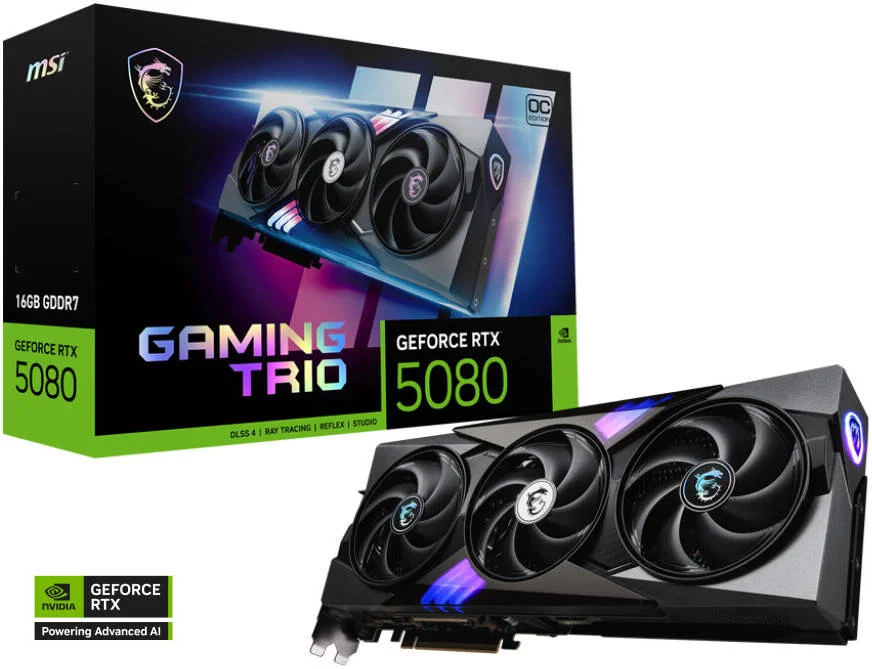 کارت گرافیک MSI GeForce RTX 5080 16G GAMING TRIO OC، حافظه 16 گیگابایت GDDR7 256 بیتی، فرکانس بوست 2700 مگاهرتز، سرعت حافظه 30 گیگابیت بر ثانیه، 10752 هسته CUDA، PCI Express Gen 5، مشکی | 912-V531-026