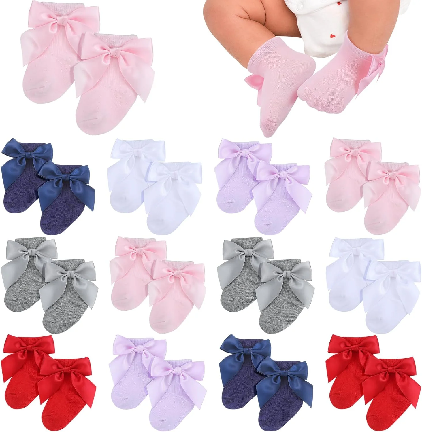 جوراب نوزادی تولیته، 12 جفت، مناسب نوزادان دختر و پسر، جوراب پنبه ای لبه چین دار بیمارستانی NICU (رنگ روشن)