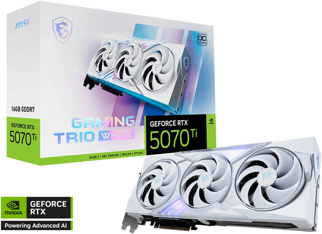کارت گرافیک ام اس آی GeForce RTX 5070 Ti 16GB GAMING TRIO OC، حافظه GDDR7 256-Bit، فرکانس افزایشی 2572 مگاهرتز، 8960 هسته CUDA، سرعت حافظه 28 گیگابیت بر ثانیه، PCI Express Gen 5، سفید | 912-V531-060