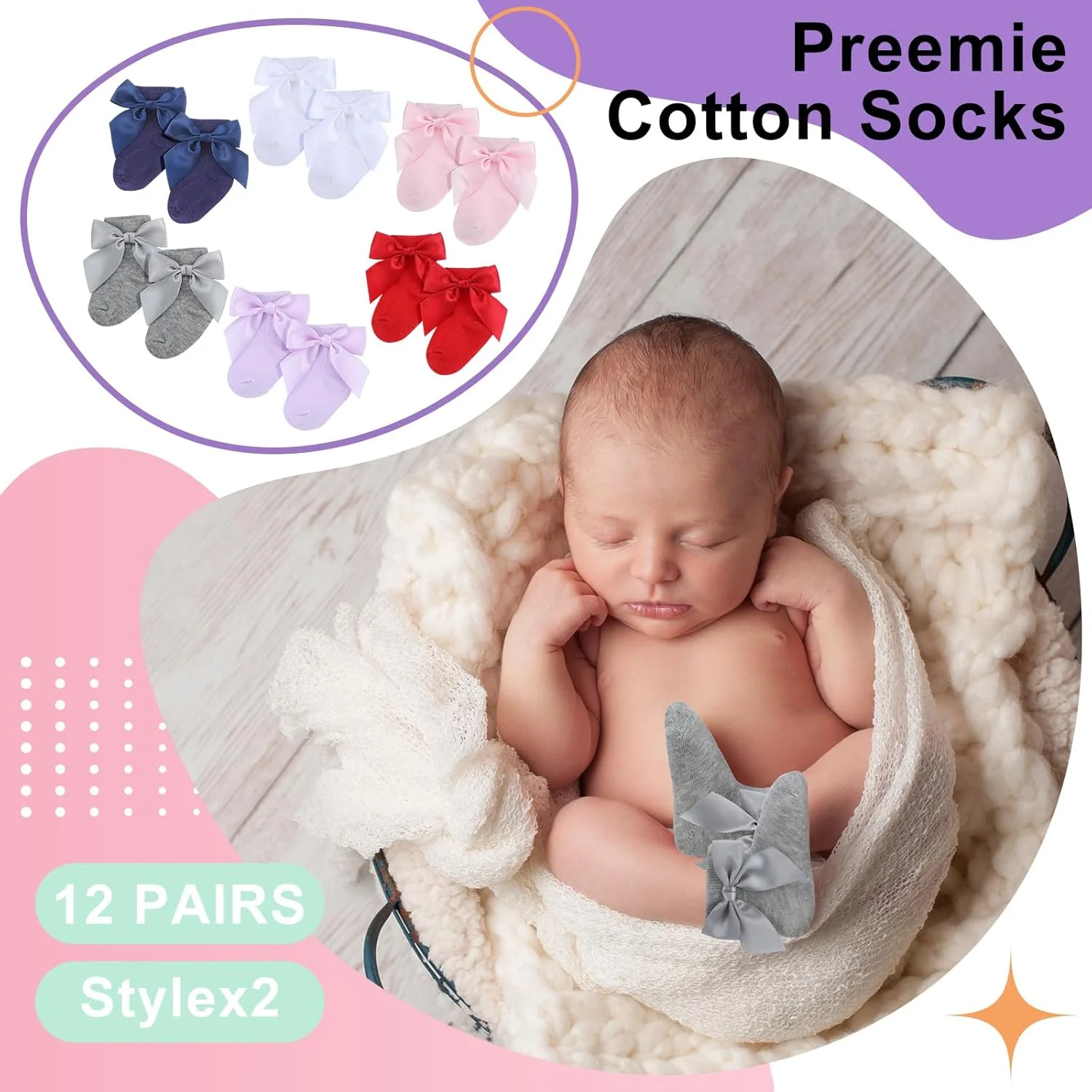 جوراب نوزادی تولیته، 12 جفت، مناسب نوزادان دختر و پسر، جوراب پنبه ای لبه چین دار بیمارستانی NICU (رنگ روشن)